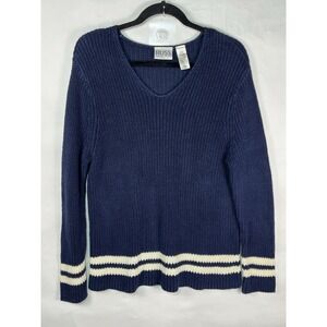 Vintage Women's Russ Size Large Knit Sweater Blue White Stripes V-Neck Preppy